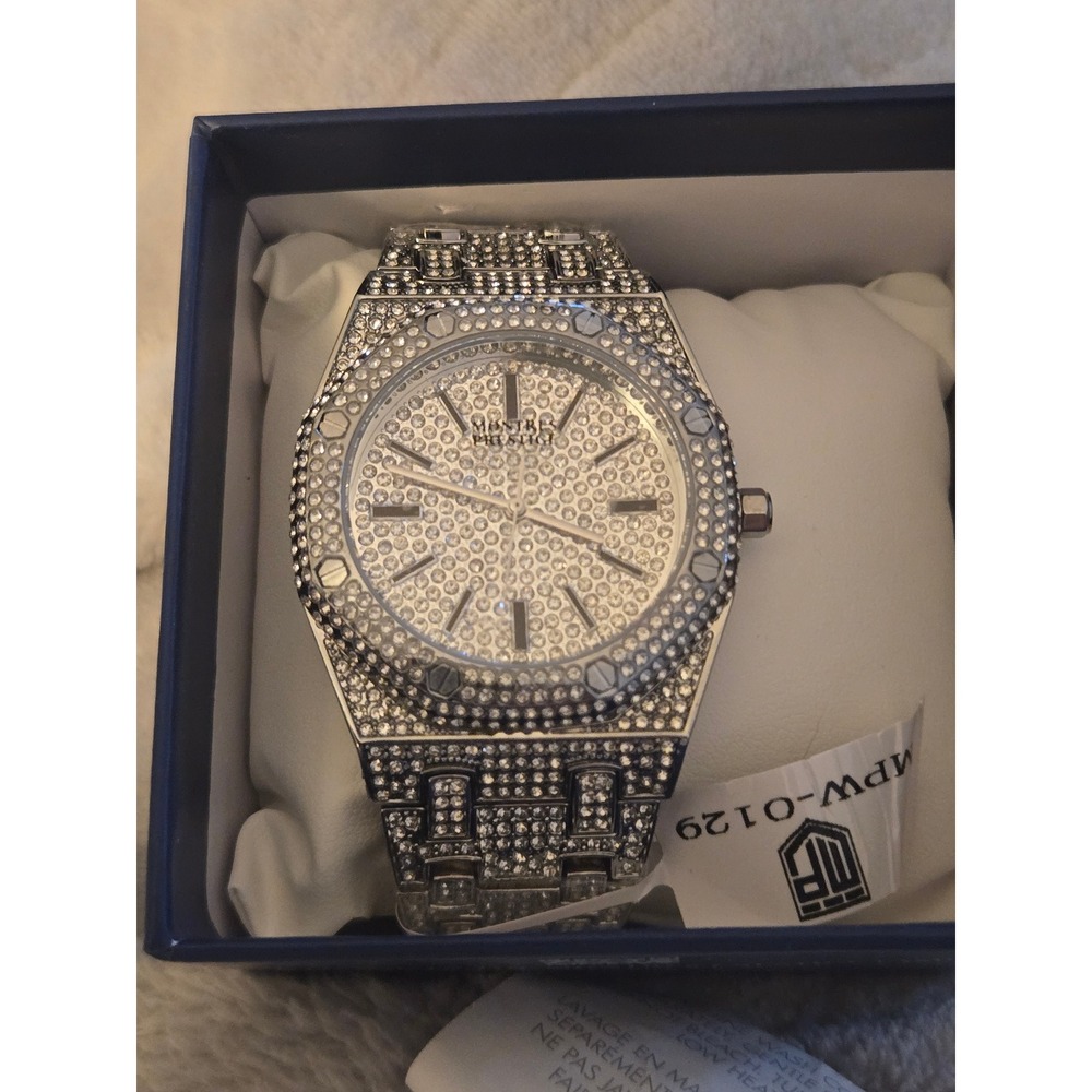 Montres Prestige Iced Out Silver Tone Crystal Embellished Watch MPW-0129 NEW